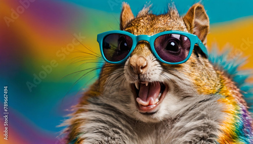 Cute colorful squirrel with sunglasses. Advertising  banner  discount  party. Screaming rodent  furry animal.