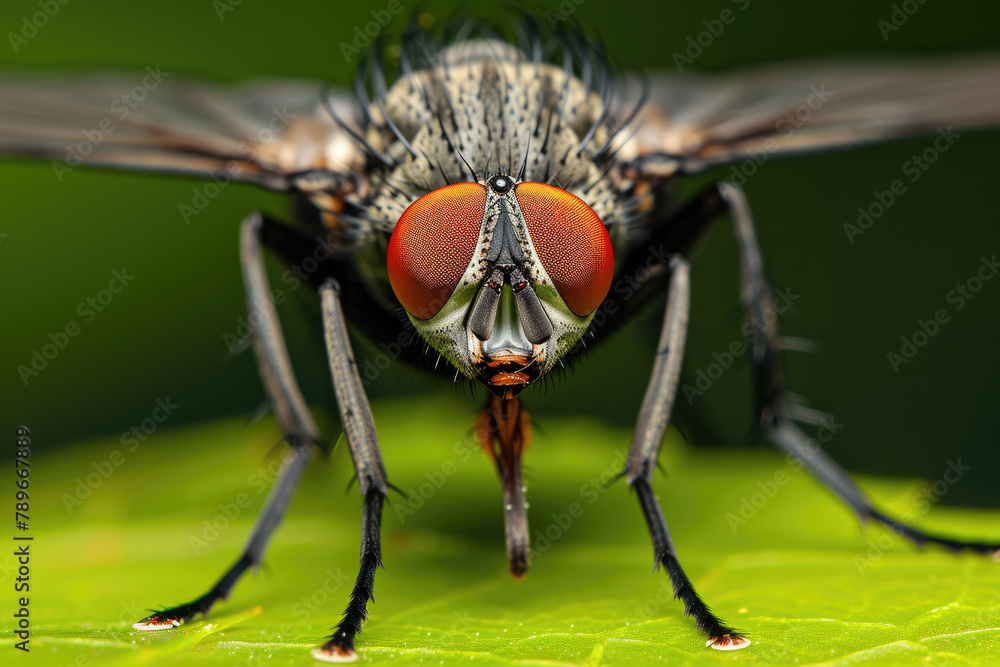 Intricate Encounter.A Magnified Moment of a Fly Alighting on a Leaf Intricate Encounter.A Magnified Moment of a Fly Alighting on a Leaf