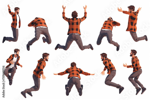 Man with back pain and after recovering from an illness. Happy man in a jump enjoys the freedom of movement 3D avatars set vector icon, white background, black colour icon