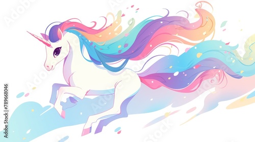A vibrant unicorn sporting a long colorful tail is depicted against a pristine white backdrop in this dynamic 2d illustration Perfect for embellishing bags cups sketchbooks as well as servin photo