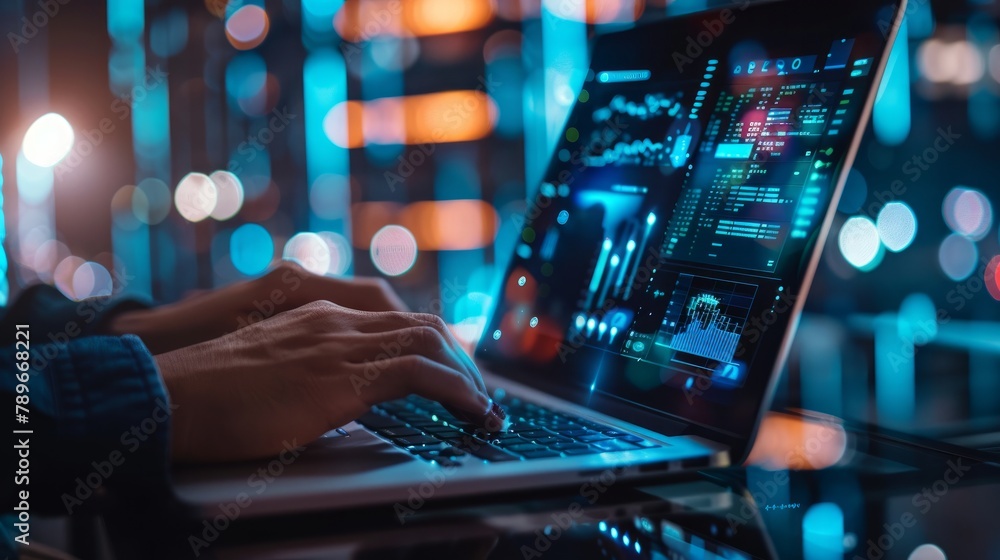 IT operations, high software quality and software development.Agile programming and DevOps concept. Engineer working on laptop with virtual screen IT operations, high software quality and software development.Agile programming and DevOps concept. Engineer working on laptop with virtual screen