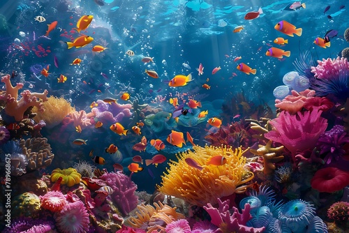   A coral reef teeming with colorful fish and sea anemones.