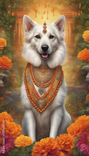 Wallpaper Mural Religious Dog with Divine Attributes Surrounded by Orange Flowers Torontodigital.ca