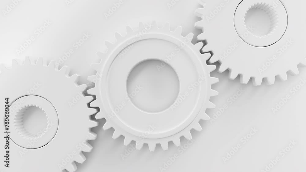 Looping White gears Cogwheel in a machine rotating. Logo Title template. Gears working in the machinery. Top view
