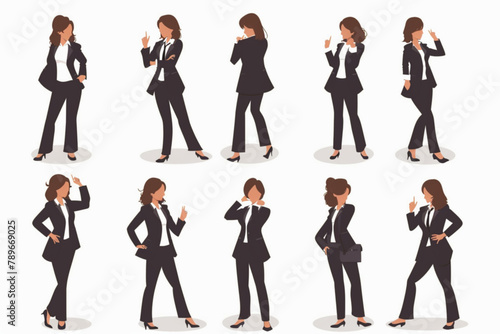 Mature businesswoman in various actions on a white background. Vector illustration in flat style vector icon, white background, black colour icon