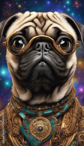 Portrait of a Dog in Golden Glasses against Starry Sky