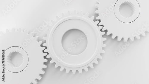 Looping White gears Cogwheel in a machine rotating. Logo Title template. Gears working in the machinery. Top view