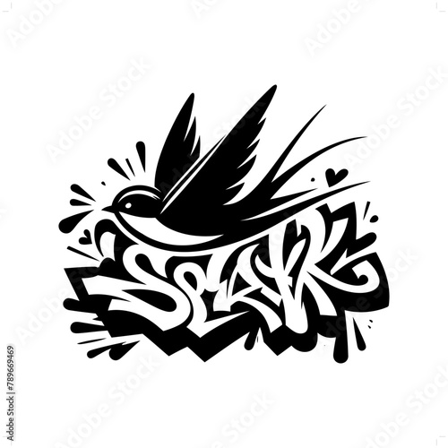 Swallow silhouette  animal graffiti tag  hip hop  street art typography illustration.