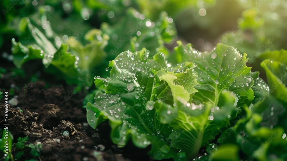 Close up of green lettuce plant with water droplets. A detailed view of a vibrant green lettuce plant covered in water droplets. Close up of green lettuce plant with water droplets. A detailed view of a vibrant green lettuce plant covered in water droplets.
