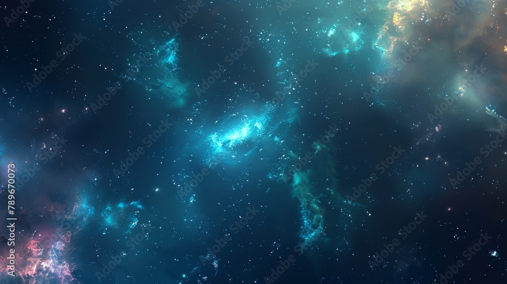 Space with nebulae and stars, ideal for astronomy-themed backgrounds with teal and blue hues.
