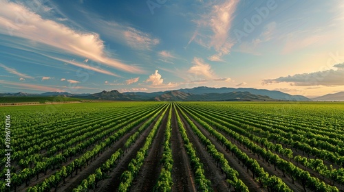 Serene vineyard landscape under a sunset sky with dynamic clouds. Scenic agricultural rows leading to distant mountains. Panoramic view of viticulture and farming.