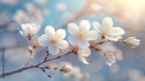 Close up of cherry blossom flower on tree branch. A detailed view of a cherry blossom flower blooming on a branch of a cherry blossom tree against blurred background.