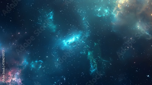 Space with nebulae and stars  ideal for astronomy-themed backgrounds with teal and blue hues.