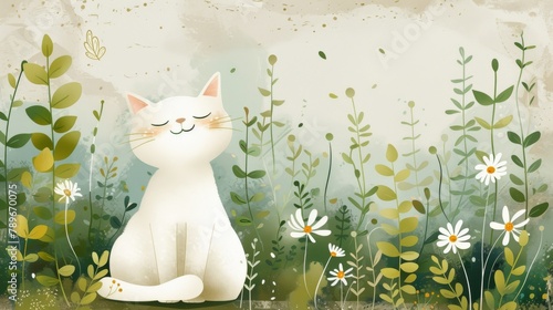 White cat sitting among painted greenery and daisies in a tranquil garden setting. Vintage textured illustration with nature and serenity concept. photo