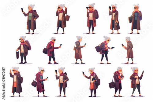 Mature woman character set. Elderly woman thinks  idea  tired. Pensioner with a gadget  uses a smartphone 3D avatars set vector icon  white background  black colour icon
