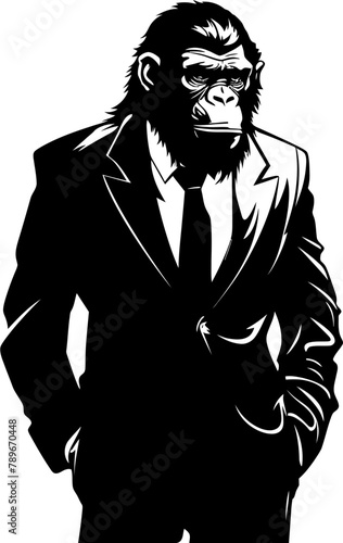 Business Baboon Suited Chimpanzee Vector Logo Sophisticated Swagger Long Haired Chimp in Suit Emblem
