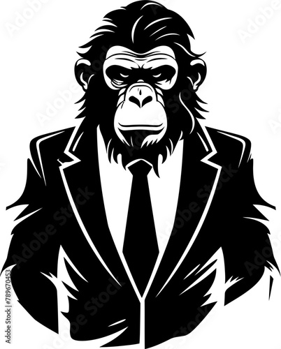 Sophisticated Swagger Long Haired Chimp in Suit Emblem Classy Chimpanzee Couture Formal Attire Vector Icon
