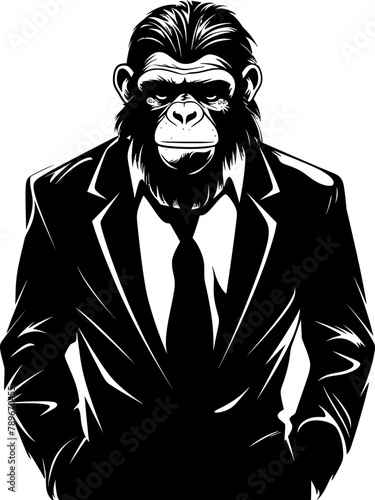 Chic Chimp Charm Long Haired Chimpanzee Suit Emblem Professional Panache Stylish Chimpanzee Icon in Suit Vector