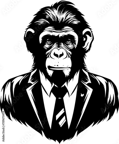 Professional Panache Stylish Chimpanzee Icon in Suit Vector Suave Simian Style Long Haired Chimp in Formal Attire Logo