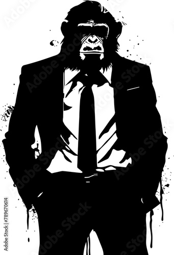 Professional Panache Long Haired Chimp in Formal Attire Logo Suited Savvy Stylish Chimpanzee Suit Emblem