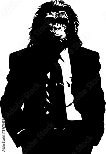 Professional Panache Stylish Chimpanzee Suit Emblem Suited Savvy Long Haired Chimp Vector Icon