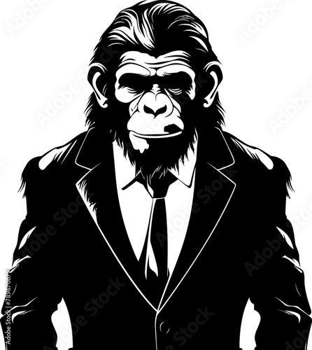 Sophisticated Swagger Long Haired Chimp Suit Vector Classy Chimpanzee Couture Suited Primate Icon