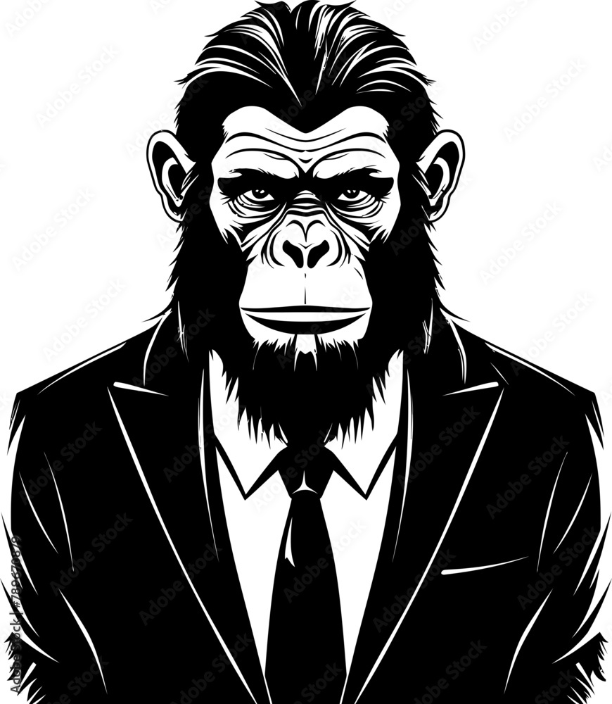 Corporate Chimp Long Haired Primate in Suit Icon Design Formal Finesse Chimpanzee Wearing Suit Emblem