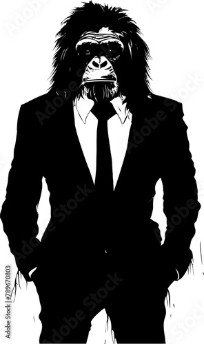 Dapper Primate Design Long Haired Chimp in Suit Emblem Formal Finesse Suited Chimpanzee Icon in Formal Attire