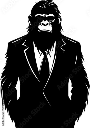 Business Baboon Long Haired Chimpanzee Suit Icon Sophisticated Swagger Suited Primate Emblem Vector