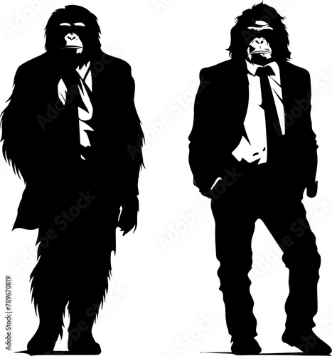 Professional Panache Stylish Chimpanzee in Suit Emblem Suited Savvy Long Haired Primate Suit Vector Icon