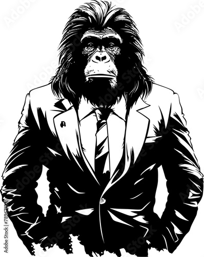 Professional Panache Stylish Chimp in Suit Logo Suited Savvy Long Haired Chimpanzee Vector Icon