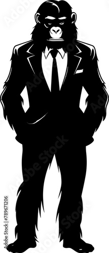Professional Panache Long Haired Primate in Formal Attire Logo Suited Savvy Suave Chimpanzee Vector Emblem