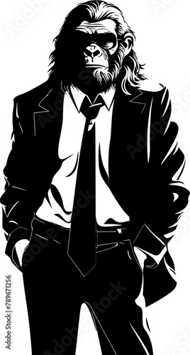 Chic Chimp Charm Stylish Chimpanzee Vector Emblem Professional Panache Long Haired Chimp in Formal Attire Design