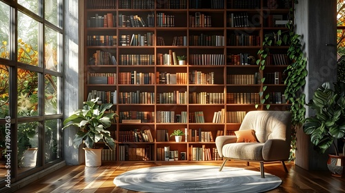 Sunlit Minimalist Home Library Oasis. Concept Home Decor Inspiration, Cozy Reading Nook, Sunlit Home Oasis, Minimalist Living Space
