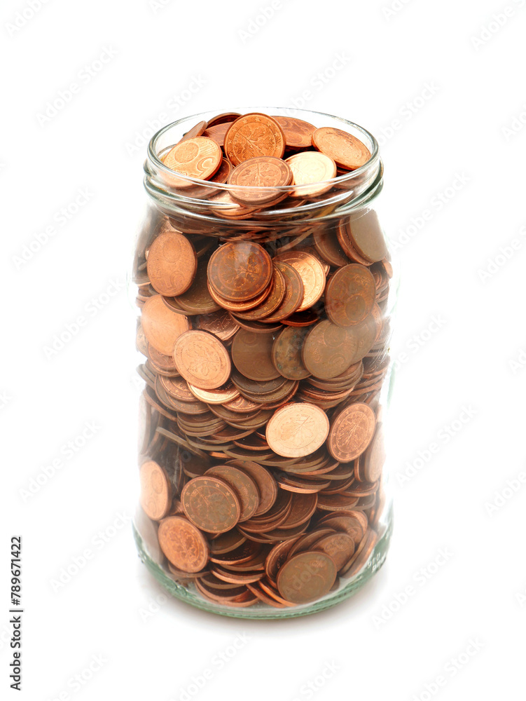 Money box in a jar. 5 cent coins. Money box in a jar. 5 cent coins.