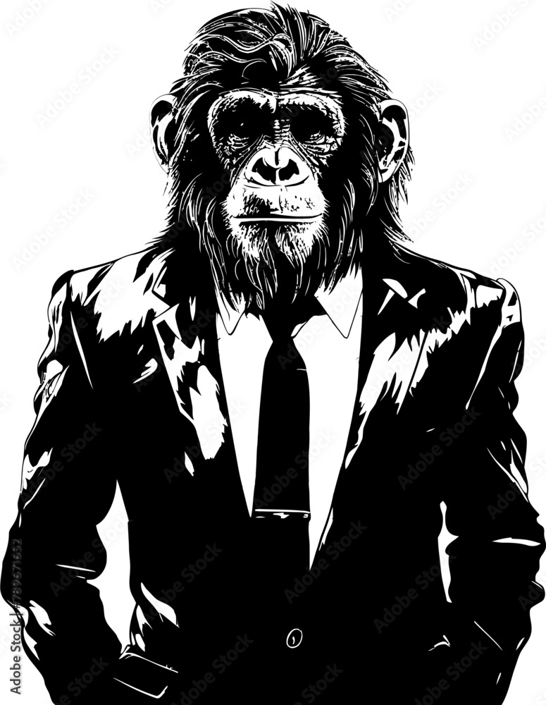 Tailored Trends Long Haired Chimpanzee Suit Vector Logo Suave Simian Sophistication Stylish Chimpanzee Emblem Design