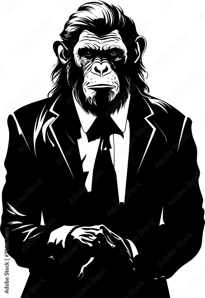 Fototapeta premium Elegant Ensemble Long Haired Chimp in Suit Emblem Design Dapper Primate Style Suited Chimpanzee Vector Emblem