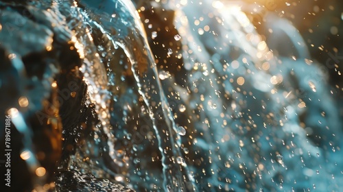 Close-up of water droplets glistening in the sunlight as they cascade down a rocky waterfall © buraratn