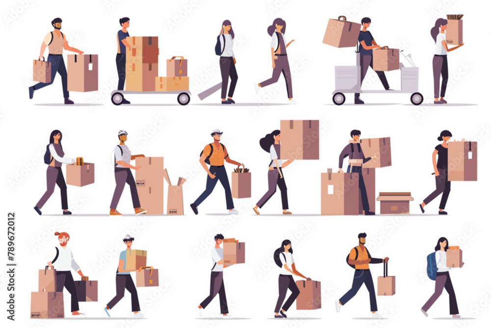 Moving company. Relocation service. Movers carry boxes into the house. Moving. Vector illustration 3D avatars set vector icon, white background, black colour icon
