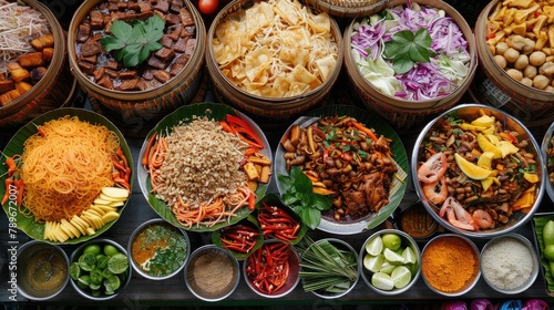colorful spread of Thai street food, including pad Thai, som tum, and mango sticky rice, showcasing the diversity of Thai cuisine. photo