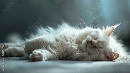 fluffy white cat sprawls on the floor, paws tucked under its chin, a contented smile lighting up its furry face. photo