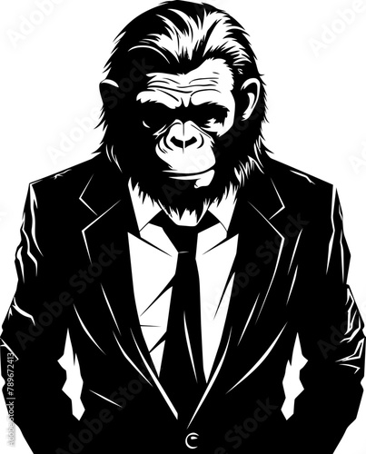 Business Blend Suited Chimpanzee Vector Logo Classy Couture Long Haired Chimpanzee Suit Icon Design