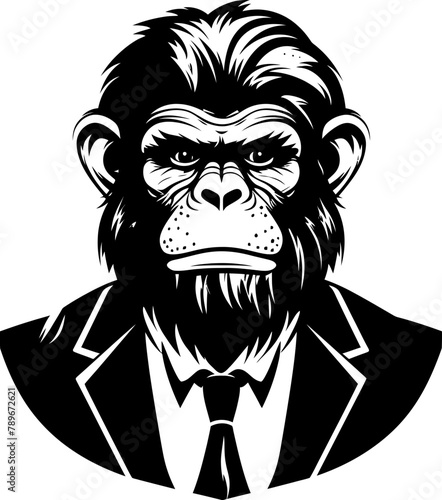 Formal Finesse Long Haired Chimp in Suit Icon Design Business Baboon Chimpanzee Wearing Suit Vector Emblem