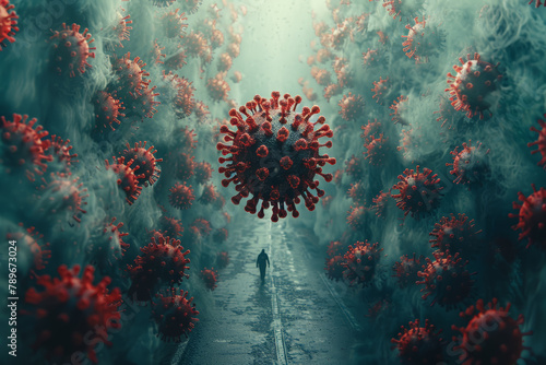 An illustration of a virus spreading through a population, symbolizing the rapid transmission of infectious diseases. Concept of epidemic outbreaks and contagion. Generative Ai.