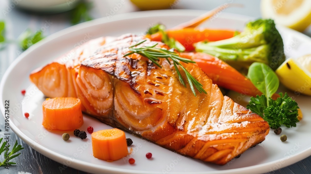 plate of grilled salmon with steamed vegetables, showcasing a balanced meal rich in omega-3 fatty acids and essential nutrients. plate of grilled salmon with steamed vegetables, showcasing a balanced meal rich in omega-3 fatty acids and essential nutrients.