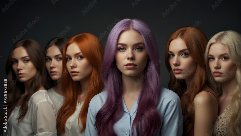 A creative and interesting concept brought to life in this image, showcasing six women with distinct hair colors and skin tones, each with their own unique story to tell. A creative and interesting concept brought to life in this image, showcasing six women with distinct hair colors and skin tones, each with their own unique story to tell.
