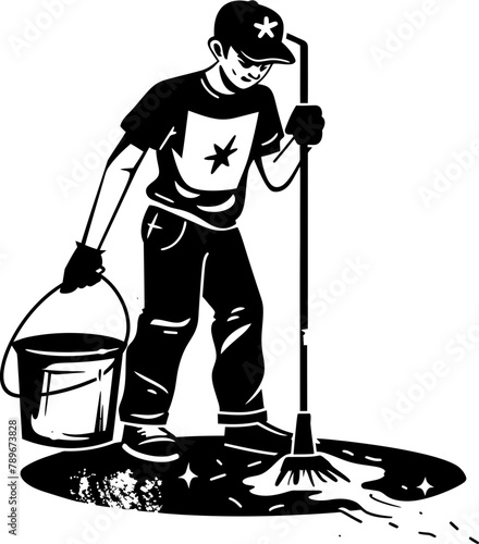 Spotless Shine Man with Bucket Emblem Vector Sweeping Serenity Man with Bucket and Mop Logo