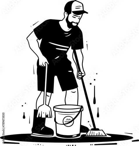 Clean Sweep Man with Bucket and Mop Logo Spotless Solutions Floor Cleaning Icon Design