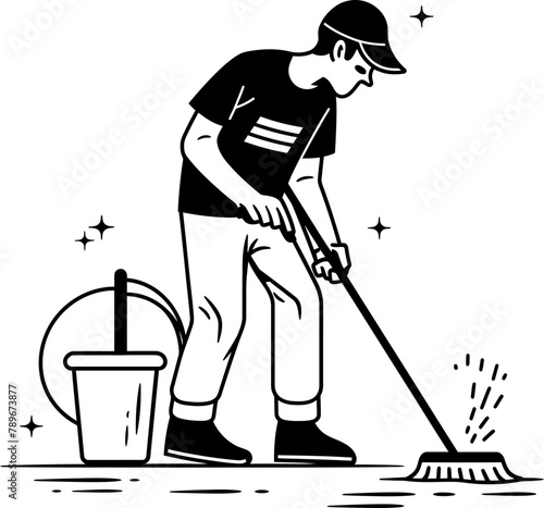 Sparkling Solutions Cleaning Floor Vector Design Spotless Shine Man with Mop and Bucket Emblem