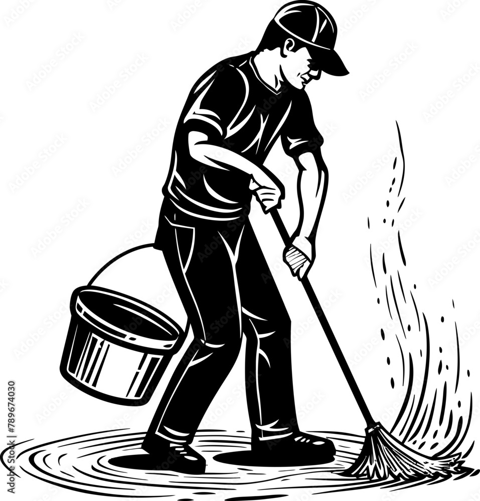 Sparkling Solutions Floor Cleaning Logo Icon Gleam Team Man with Bucket Vector Emblem